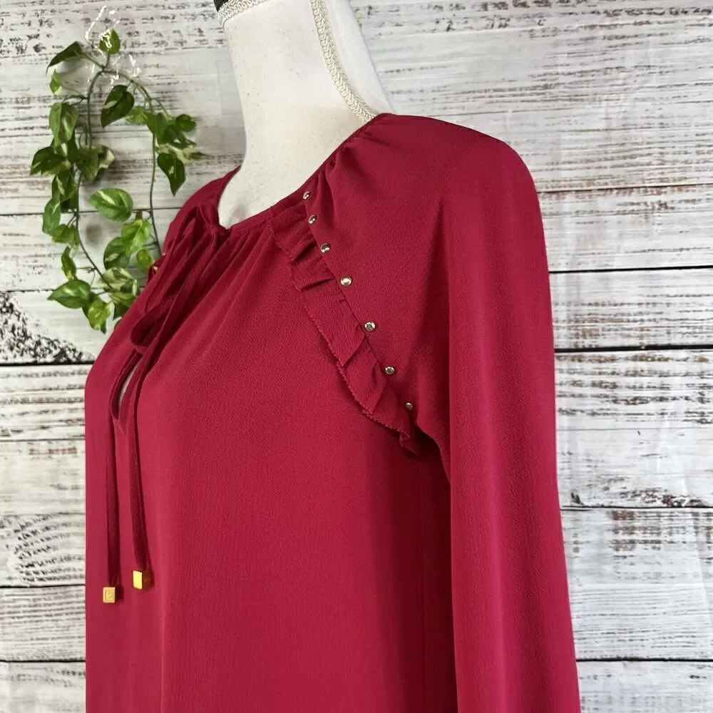 Michael Kors Tunic Blouse size Extra Small Dark Pink Crepe Ruffles Studs Bow Tie
